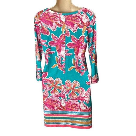 Lilly Pulitzer Dress XS Linden Sea Blue Via Sunny Floral 3/4 Sleeve - Picture 4 of 7